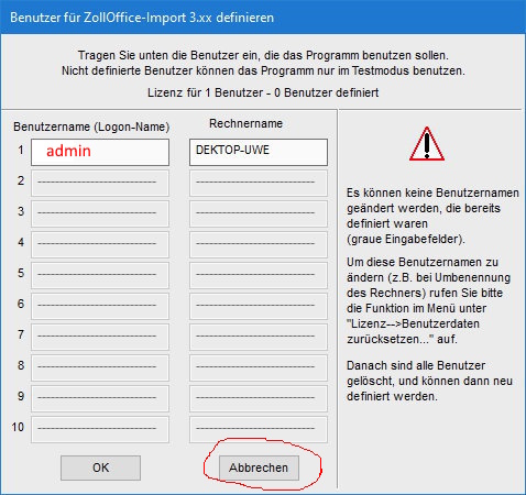 Benutzer falsch